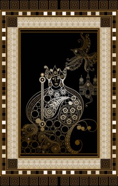 Gizli tarot kartı ile soyut grafik tasarım. Minor Arcana - kralı .detaylar gizli tutulmuştu. Davet, el ilanı, etiket, poster, afiş, kart, etiket, kapak, web için uygundur. Vektör çizim.