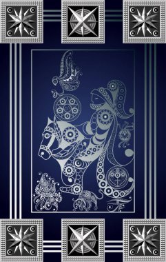 Gizli tarot kartı ile soyut grafik tasarım. Minor Arcana - Knight .detaylar gizli tutulmuştu. Davet, el ilanı, etiket, poster, afiş, kart, etiket, kapak, web için uygundur. Vektör çizim.