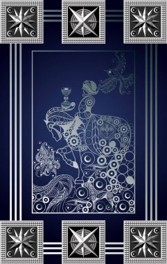 Gizli tarot kartı ile soyut grafik tasarım. Minor Arcana - bardak Şövalyesi. Davet, el ilanı, etiket, poster, afiş, kart, etiket, kapak, web için uygundur. Vektör çizim.