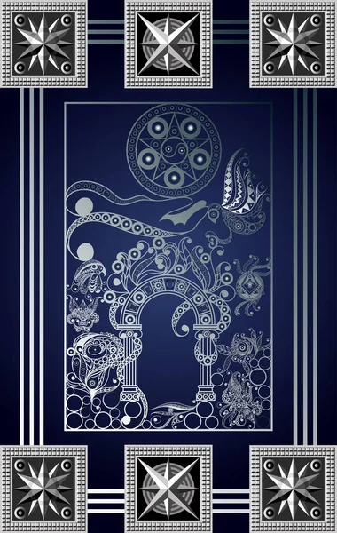 Gizli tarot kartı ile soyut grafik tasarım. Minor Arcana - ası .detaylar gizli tutulmuştu. Davet, el ilanı, etiket, poster, afiş, kart, etiket, kapak, web için uygundur. Vektör çizim.