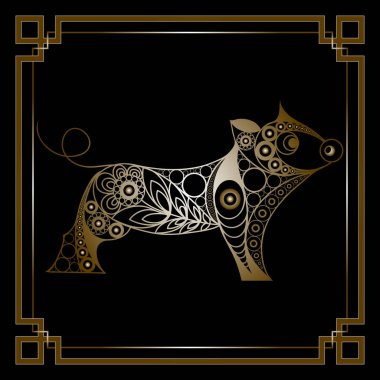 Dünya domuz, 2019 sembolü Illustration. Domuz, çiçek desenli ile dekore edilmiş silüeti. Yeni yıl tasarım için vektör öğesi.