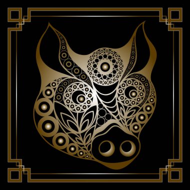 Dünya domuz, 2019 sembolü Illustration. Domuz, çiçek desenli ile dekore edilmiş silüeti. Yeni yıl tasarım için vektör öğesi.