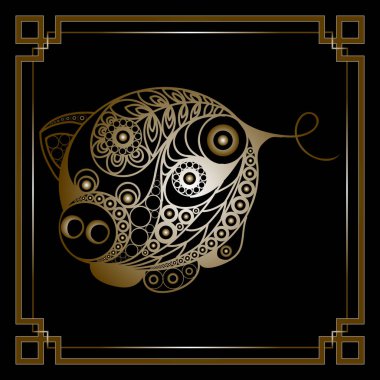 Dünya domuz, 2019 sembolü Illustration. Domuz, çiçek desenli ile dekore edilmiş silüeti. Yeni yıl tasarım için vektör öğesi.