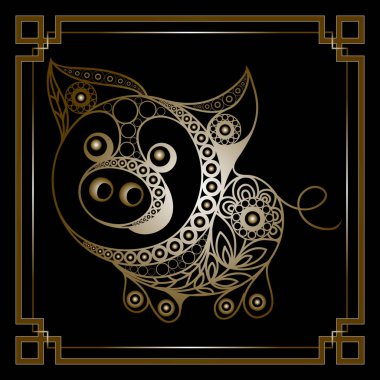 Dünya domuz, 2019 sembolü Illustration. Domuz, çiçek desenli ile dekore edilmiş silüeti. Yeni yıl tasarım için vektör öğesi.