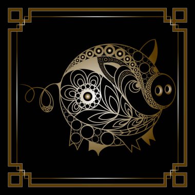 Dünya domuz, 2019 sembolü Illustration. Domuz, çiçek desenli ile dekore edilmiş silüeti. Yeni yıl tasarım için vektör öğesi.