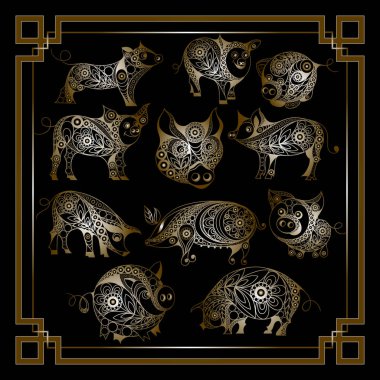 Illustration dünya domuz, 2019-set sembolüdür. Domuzlar, çiçek desenli ile dekore edilmiş silüeti. Yeni yıl tasarım için vektör öğesi.