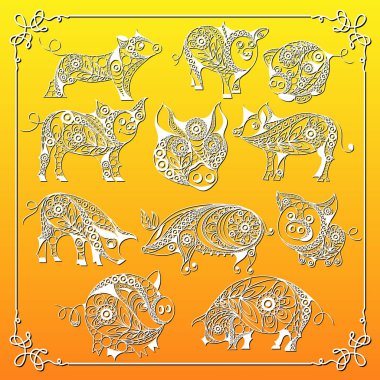 Illustration dünya domuz, 2019-set sembolüdür. Domuzlar, çiçek desenli ile dekore edilmiş silüeti. Yeni yıl tasarım için vektör öğesi.