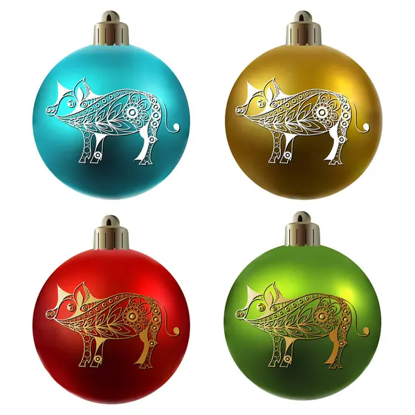 Illustration Cochon Terre Symbole 2019 Boule Noël Avec Porc Décorée — Image vectorielle