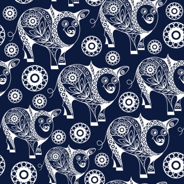 Dünya domuz (domuz), 2019 sembolü ile sorunsuz arka plan. Doku (desen) Tekstil, duvar kağıtları, baskı, ambalaj, scrapbooking, kitap kapağı, bez için. Yeni yıl tasarım. Vektör çizim.