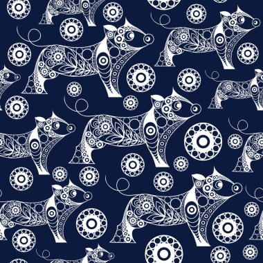 Dünya domuz (domuz), 2019 sembolü ile sorunsuz arka plan. Doku (desen) Tekstil, duvar kağıtları, baskı, ambalaj, scrapbooking, kitap kapağı, bez için. Yeni yıl tasarım. Vektör çizim.