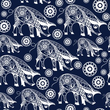 Dünya domuz (domuz), 2019 sembolü ile sorunsuz arka plan. Doku (desen) Tekstil, duvar kağıtları, baskı, ambalaj, scrapbooking, kitap kapağı, bez için. Yeni yıl tasarım. Vektör çizim.