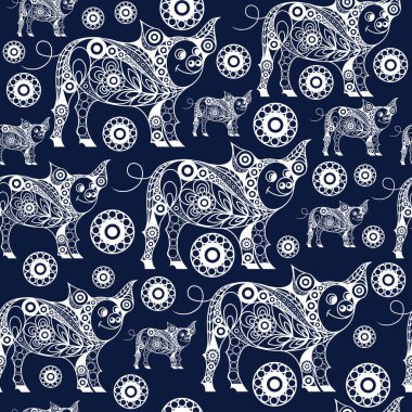 Dünya domuz (domuz), 2019 sembolü ile sorunsuz arka plan. Doku (desen) Tekstil, duvar kağıtları, baskı, ambalaj, scrapbooking, kitap kapağı, bez için. Yeni yıl tasarım. Vektör çizim.