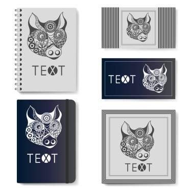 Dekoratif dünya domuz, 2019 sembolüdür. Reklam, marka ve kurumsal kimlik için şablon. Gerçekçi Not defteri (günlük), kartvizit, Yılbaşı tasarım ile davet. Vektör çizim.  