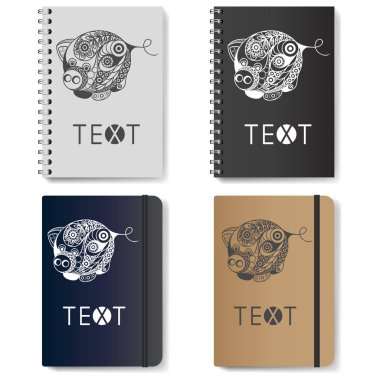 Dekoratif dünya domuz, 2019 sembolüdür. Reklam, marka ve kurumsal kimlik için şablon. Gerçekçi Not defteri (günlük) ile yeni yıl tasarım. Vektör çizim.