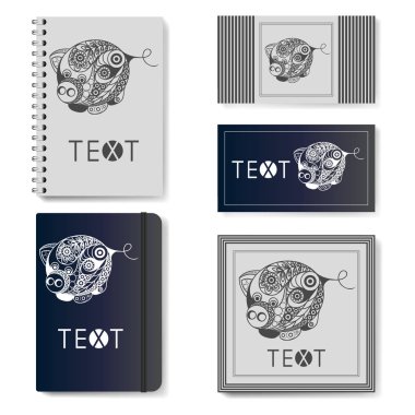 Dekoratif dünya domuz, 2019 sembolüdür. Reklam, marka ve kurumsal kimlik için şablon. Gerçekçi Not defteri (günlük), kartvizit, Yılbaşı tasarım ile davet. Vektör çizim.  