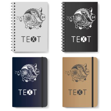 Dekoratif dünya domuz, 2019 sembolüdür. Reklam, marka ve kurumsal kimlik için şablon. Gerçekçi Not defteri (günlük) ile yeni yıl tasarım. Vektör çizim.