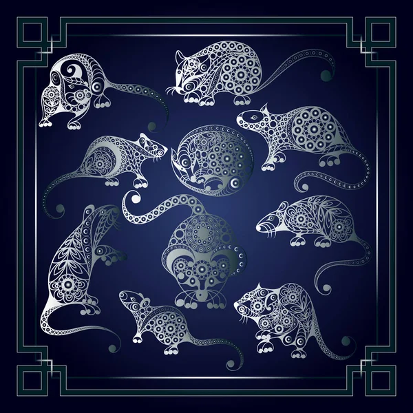 Grafische Illustration mit dekorativen Ratten _ set — Stockvektor