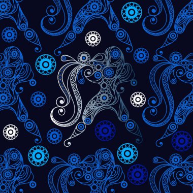 Burç sembollü kusursuz desen (doku) (astroloji, astronomi). Tasarım için elverişli: kumaş, kumaş, duvar kağıdı, ambalaj, ambalaj. Vektör illüstrasyonu.