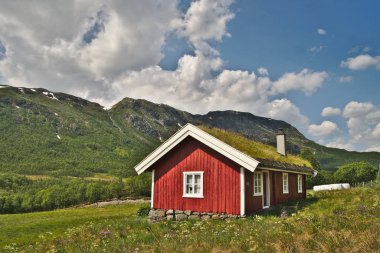 Norveç'in güzel İskandinav manzara geleneksel ahşap ev