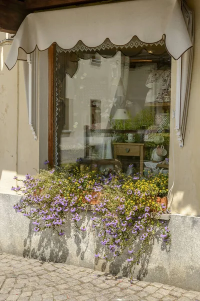 细节的小商店窗口与 Blossomig 花周围 拍摄在明亮的夏日在 Gressoney 赖氨酸山谷 奥斯塔 — 图库照片