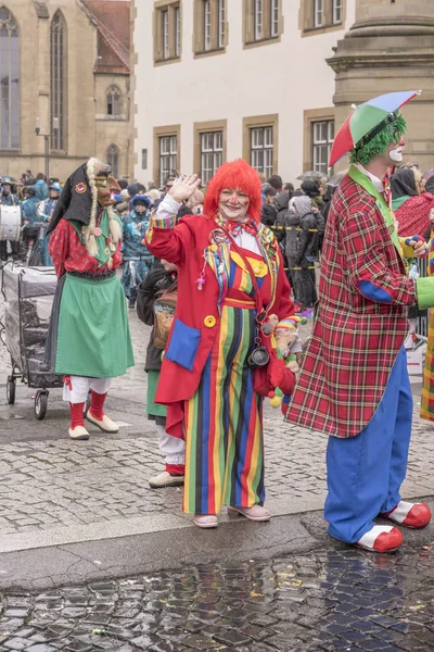 Clown among witches at Carnival parade, Stuttgart — Stock Photo, Image
