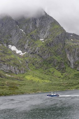 Turist teknesi, Norveç 'in Raftenfjord kentinin sarp kayalıklarında yaz karlarını göstermek için kıyıya çıkıyor.