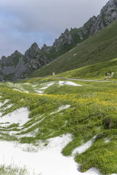 Strada curva tra dune di sabbia bianca, prati geen e ripide r — Foto Stock