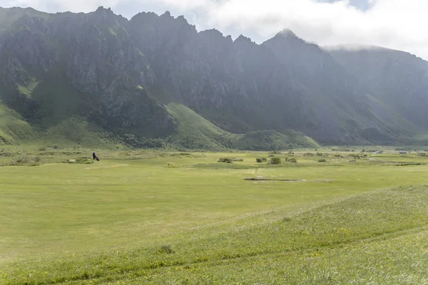 Norveç, Bleik körfezinde yeşil golf sahası — Stok fotoğraf