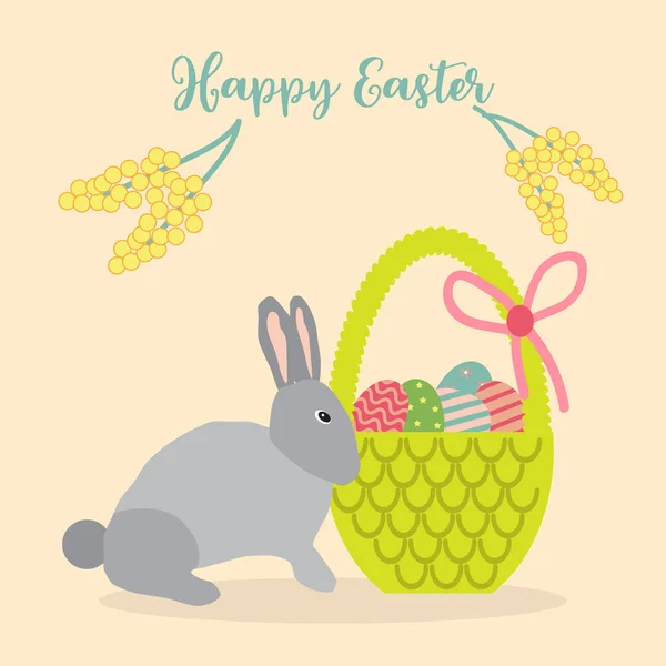 Bonne carte de vœux de Pâques avec œufs, panier et lapin . — Image vectorielle
