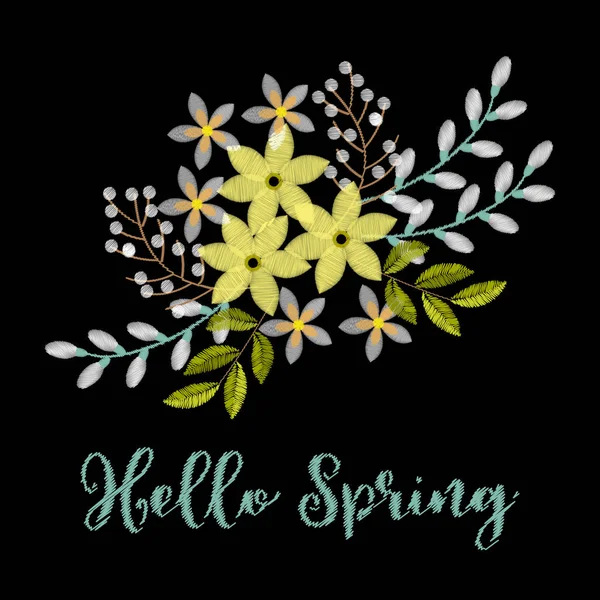 Tavaszi üdvözlés kártya-val hímzés elrendezése — Stock Vector