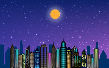 Vektör gece şehir gökdelenler ile neon kızdırma. Vektör çizim