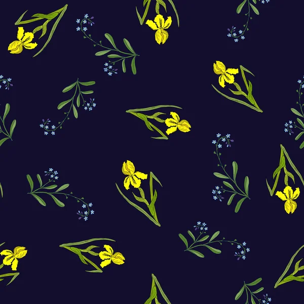 Printemps motif sans couture avec iris et oublier-moi-pas — Image vectorielle