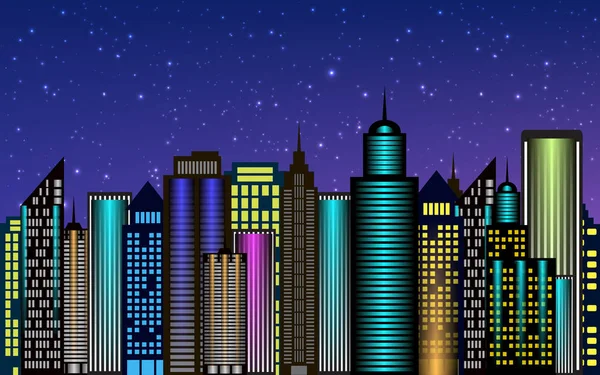 Wektor wieżowce miasta noc z Blask neonu — Wektor stockowy