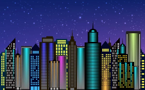 Vektör gece şehir gökdelenler ile neon glow