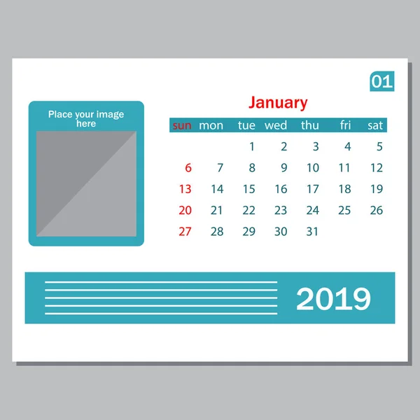 Calendário janeiro 2019 semanas começam no domingo — Vetor de Stock