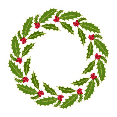 Noel holly ağaç çelenk yaprakları ve kırmızı meyveler ile