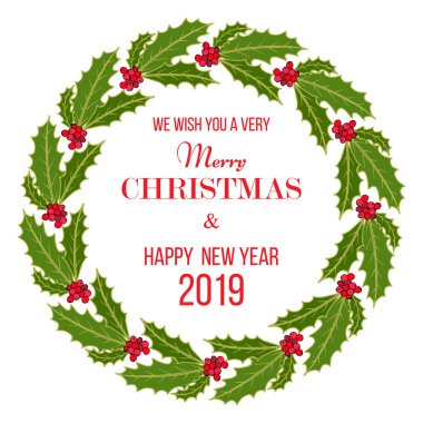 Holly çelenk ile Noel ve yılbaşı tebrik kartı