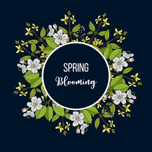 Cartão de flor de primavera com ramo de maçã e forsythia — Vetor de Stock