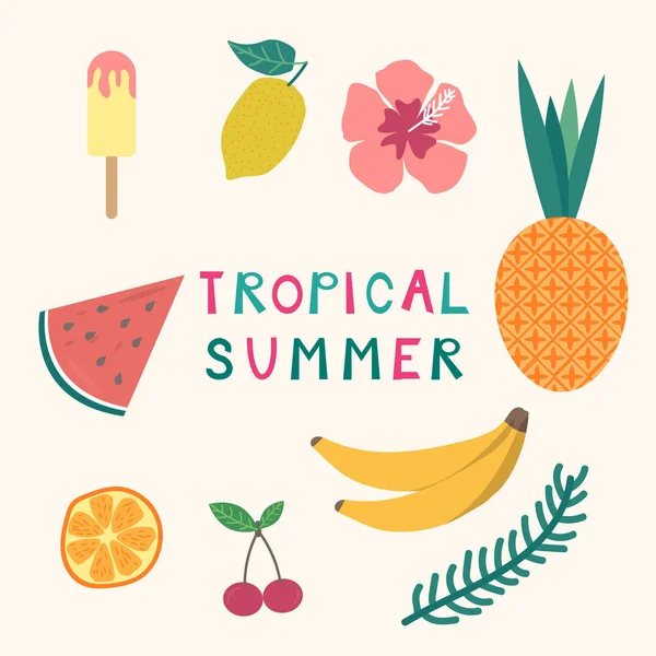 Conjunto de elementos tropicais de verão, sorvete, frutas e flores — Vetor de Stock