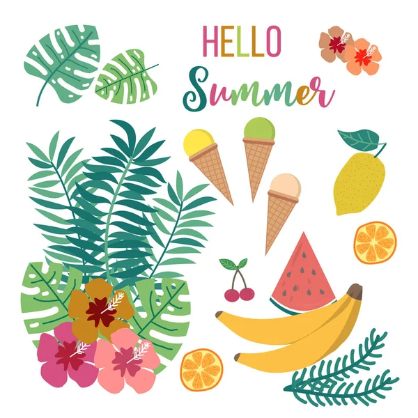 Cartão de verão floral com folhas e flores tropicais —  Vetores de Stock
