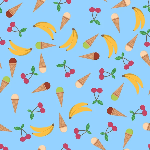 여름 아이스크림 콘, 체리와 바나나 포스터 배경 — 스톡 벡터