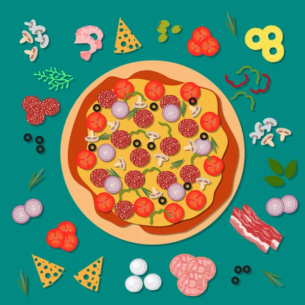 Deliciosa pizza con salami, queso, tomate y otros ingredientes — Vector de stock