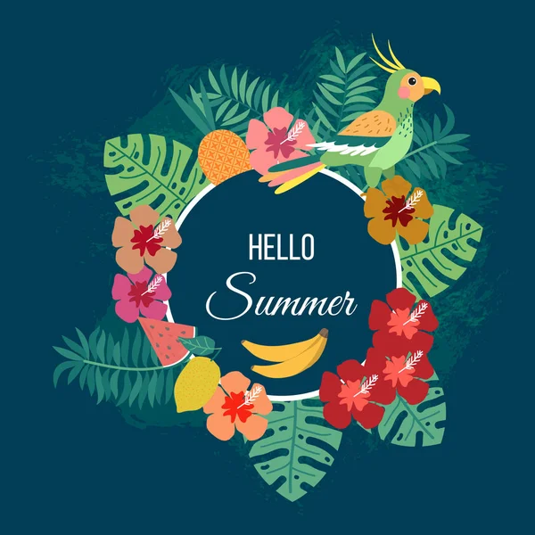 Цветочный летний фон с тропическими листьями и попугаем — стоковый вектор
