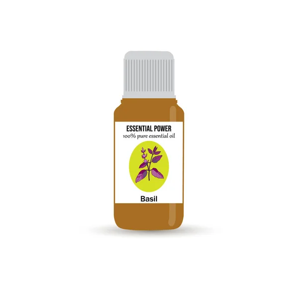 Aceite esencial de albahaca en botella cosmética de vidrio marrón — Vector de stock