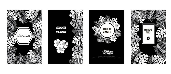 Banner de verão com folhas e flores tropicais —  Vetores de Stock