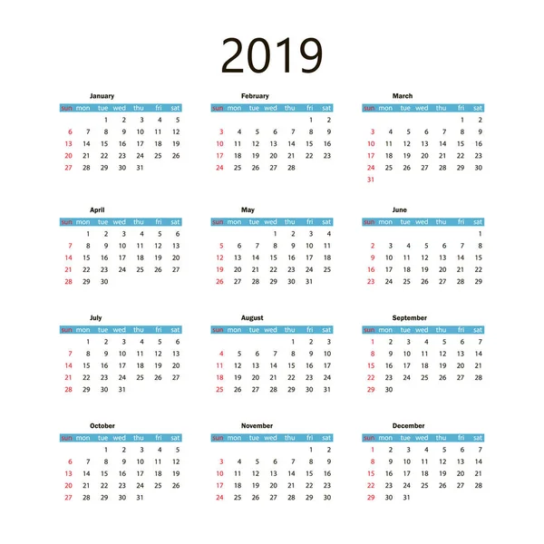 Calendario 2019. Plantilla vectorial — Vector de stock
