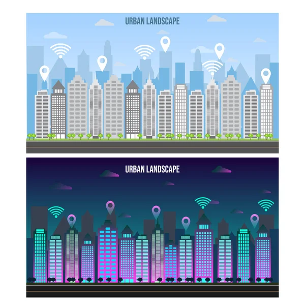 Dag och natt urbana landskap — Stock vektor