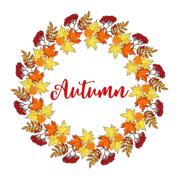 Herbst handgezeichneter Kranz mit Herbstblättern — Stockvektor