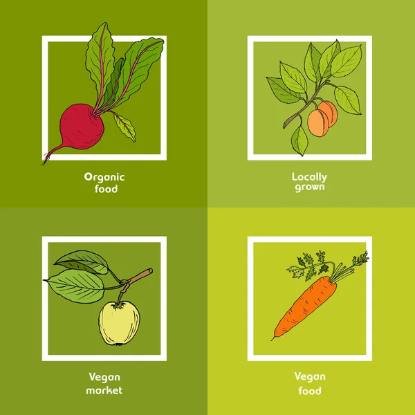 Tessera del mercato agricolo vegano con verdure fresche — Vettoriale Stock