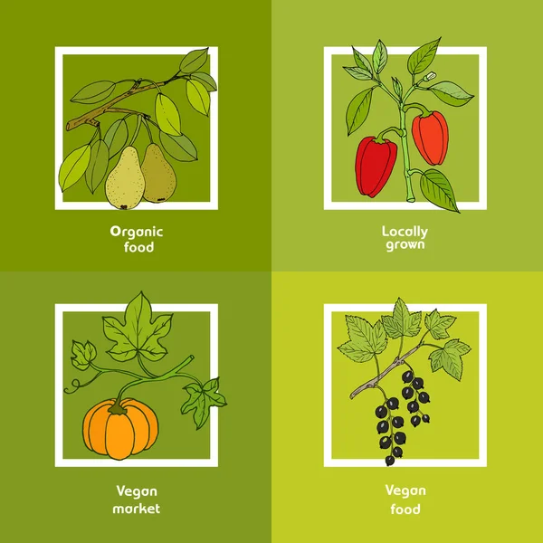 Cartão de mercado Vegan agricultor com legumes frescos — Vetor de Stock